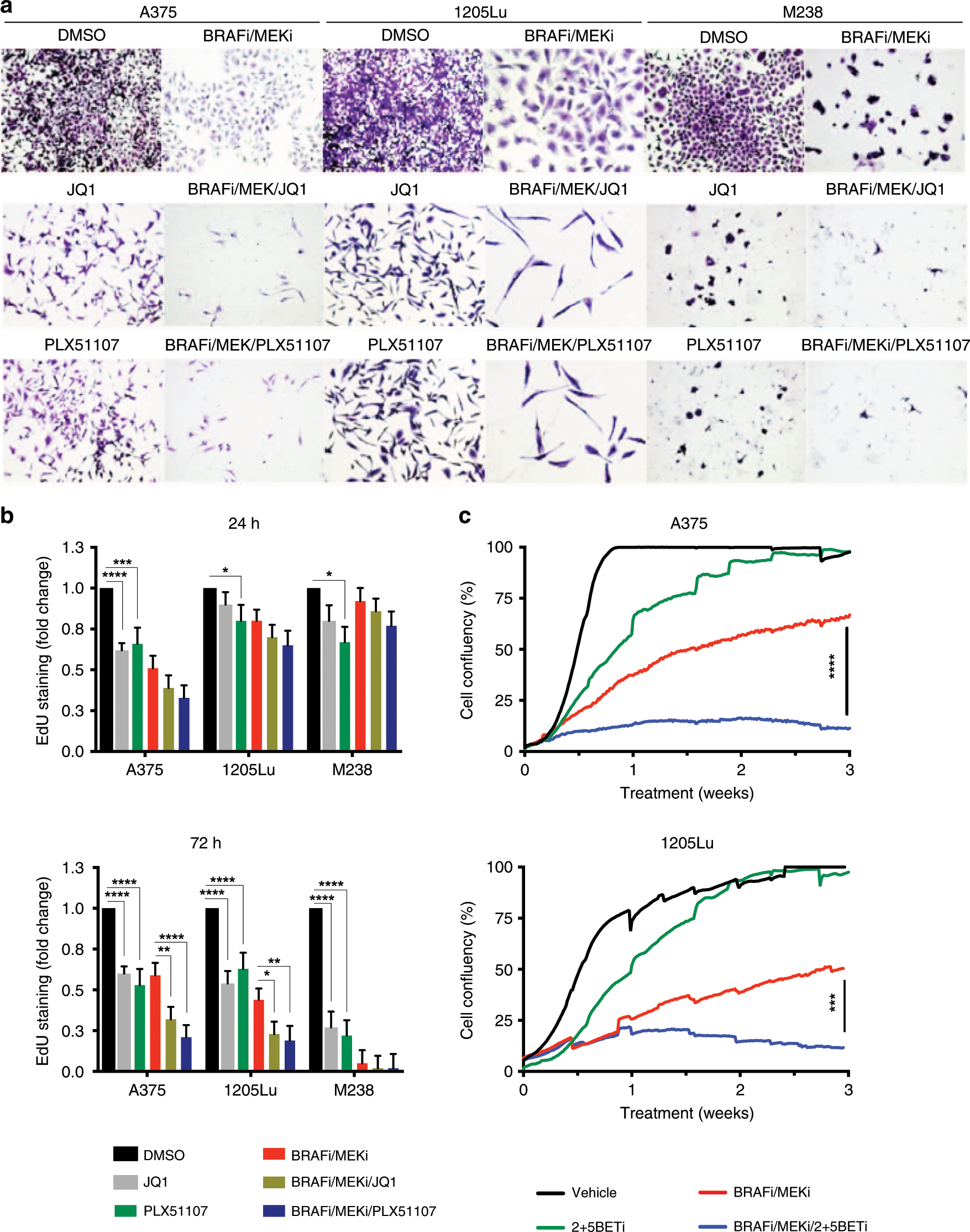 Fig. 4: BET inhibitors enhance the effects of BRAF/MEK inhibitors in BRAF-mutant melanoma.