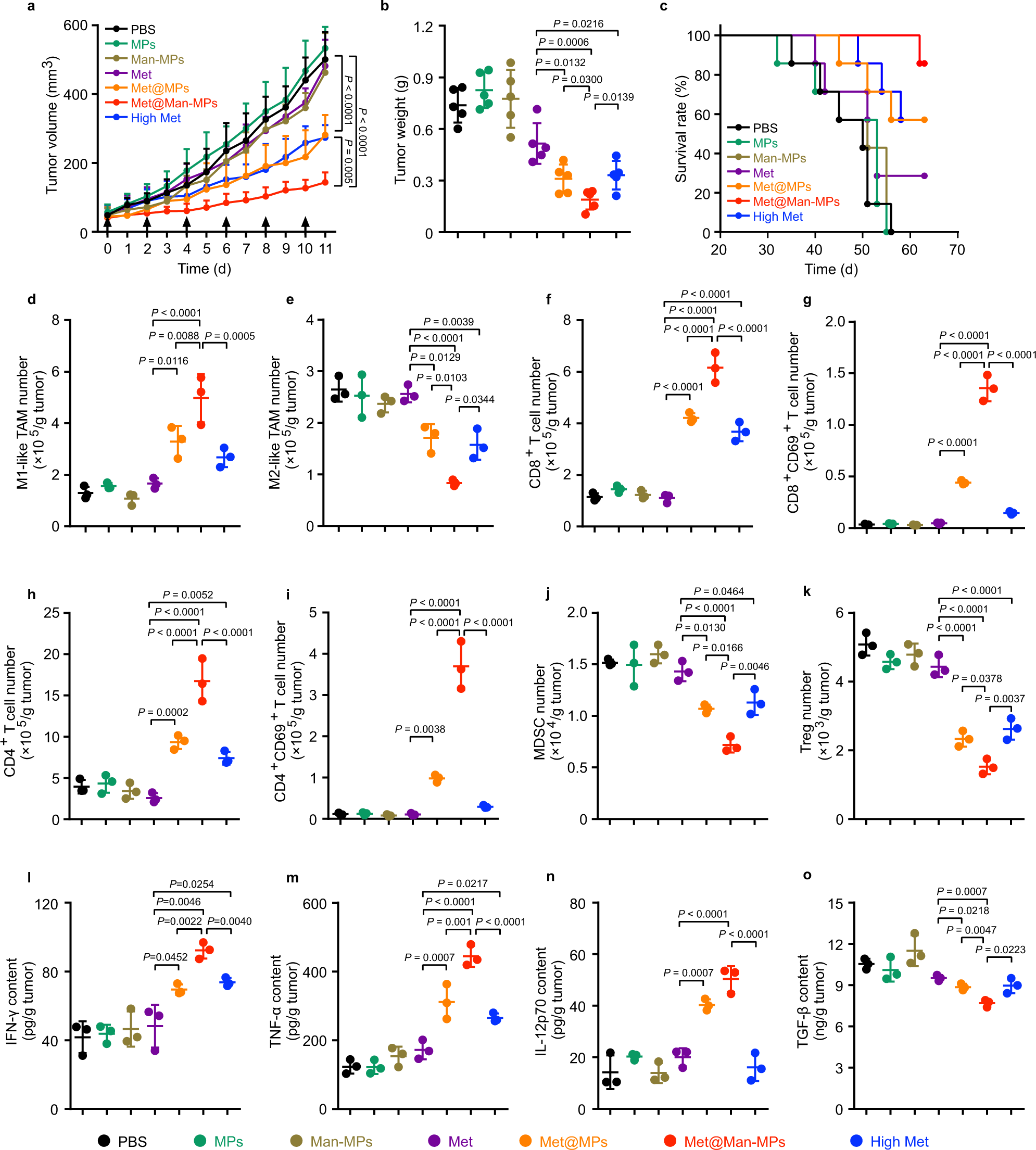 Fig. 4: Anticancer activity and improved immune microenvironment of Met@Man-MPs in H22 tumor-bearing mice.