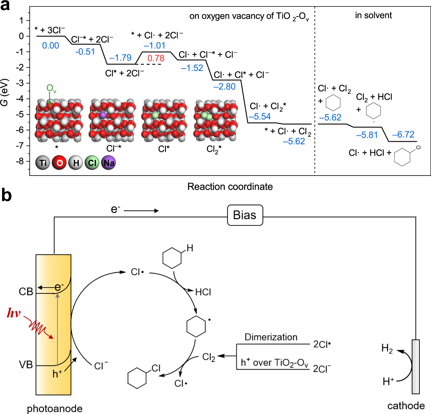 Fig. 6: DFT calculations of the PEC cyclohexane chlorination and proposed mechanism.