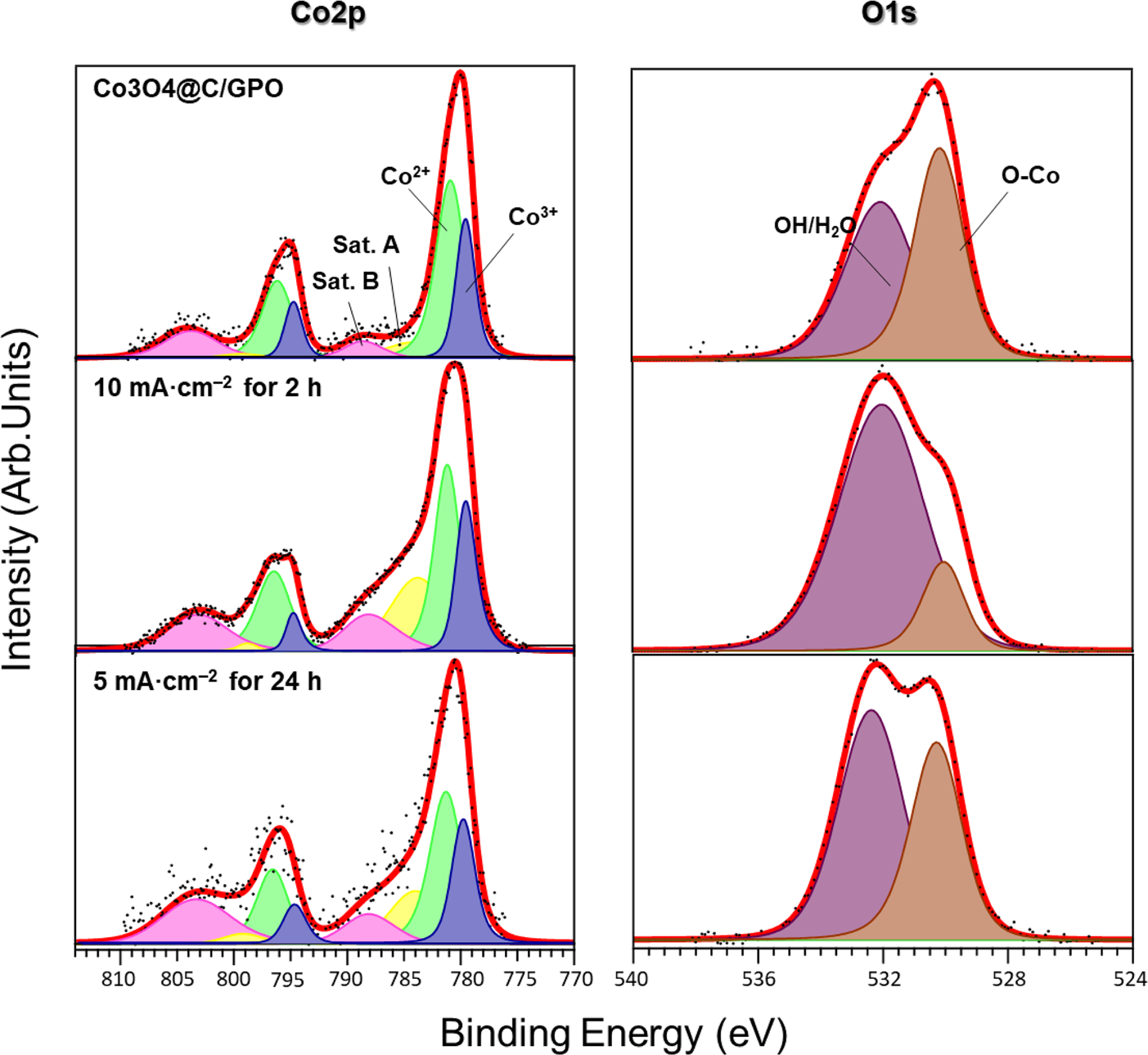 Fig. 5: Chemical analysis of the Co3O4@C/GPO catalyst after water electrolysis.