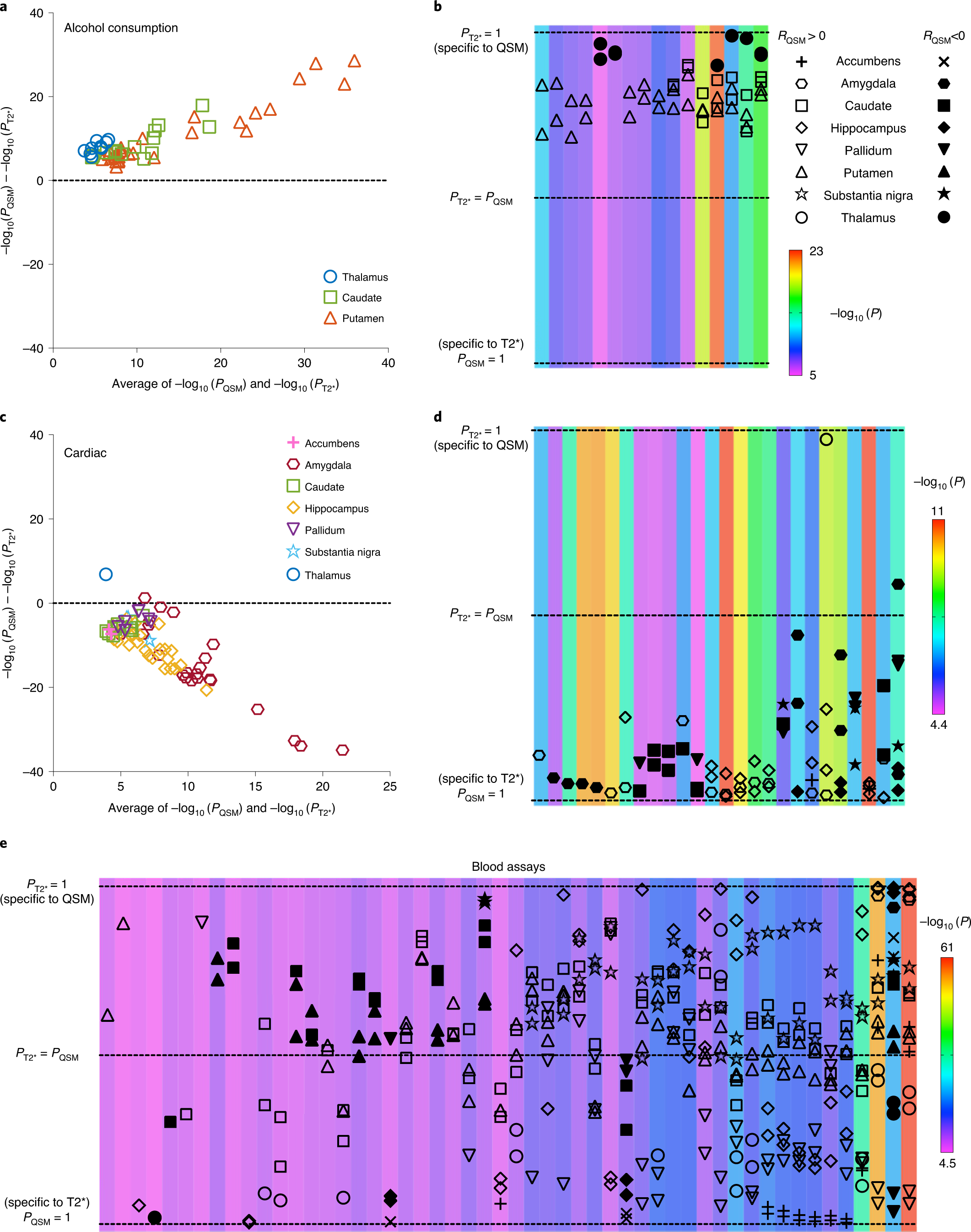 Fig. 3: Example comparisons of (two-sided) phenotypic associations with QSM and T2* subcortical IDPs (region/phenotype pair shown if unadjusted PQSM or PT2* passed the Bonferroni-corrected threshold) using n = 35,273 participants.