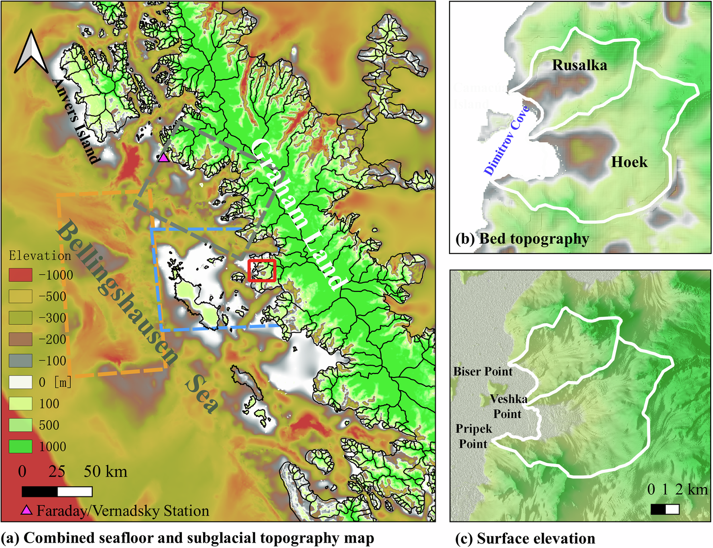 Fig. 1: Study area and geographic features of Rusalka and Hoek Glaciers.