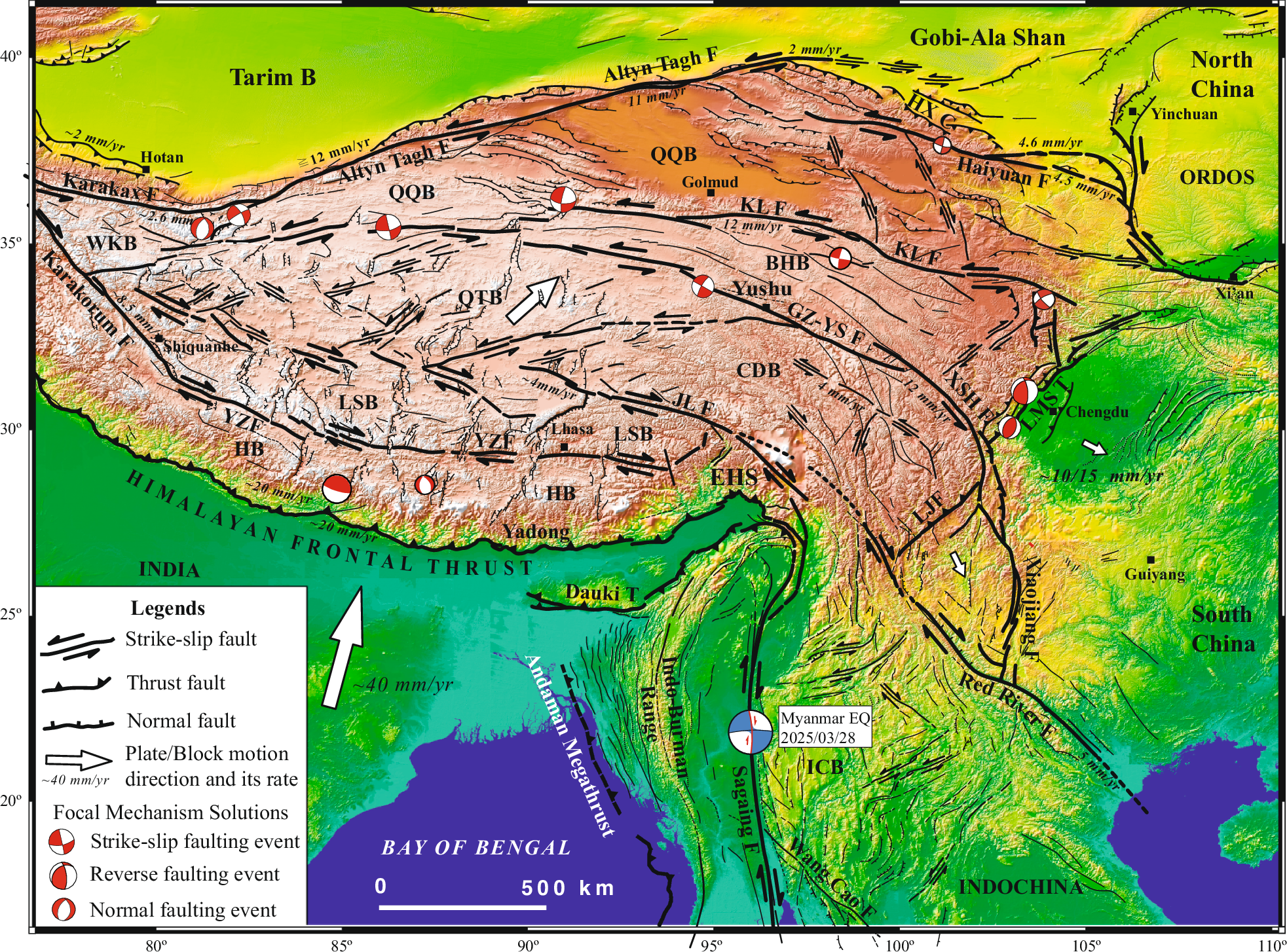 Fig. 1: Active fault distribution and focal mechanisms of Mw≧7 earthquakes in the 21st century (Adapted from17,56, Tapponnier, et al.55).
