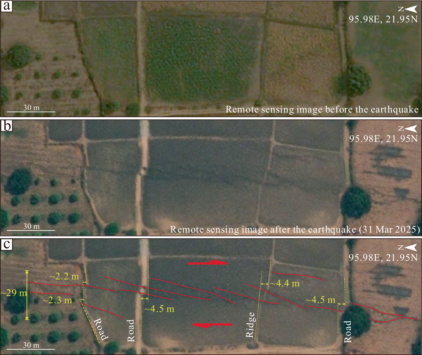 Fig. 5: Earthquake surface rupture zone south of Yaekhar Kan Reservoir (Remote sensing imagery sourced from
https://soar.earth/
).