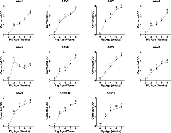 Fig. 1: Age-related antibody reactivity to AAV serotypes in pigs.