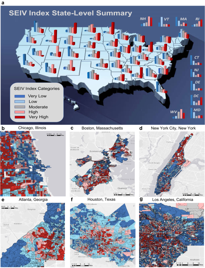 Fig. 1: Spatial distribution of Socio-Economic-Infrastructure Vulnerability (SEIV) index statistics over the conterminous United States (CONUS).