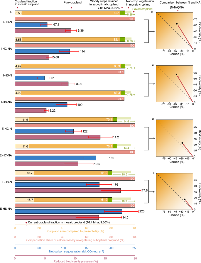 Fig. 6: Impact of the eight investigated scenarios on the land-climate-biodiversity nexus, combining cropland use mode with crop switching strategies and revegetation options.