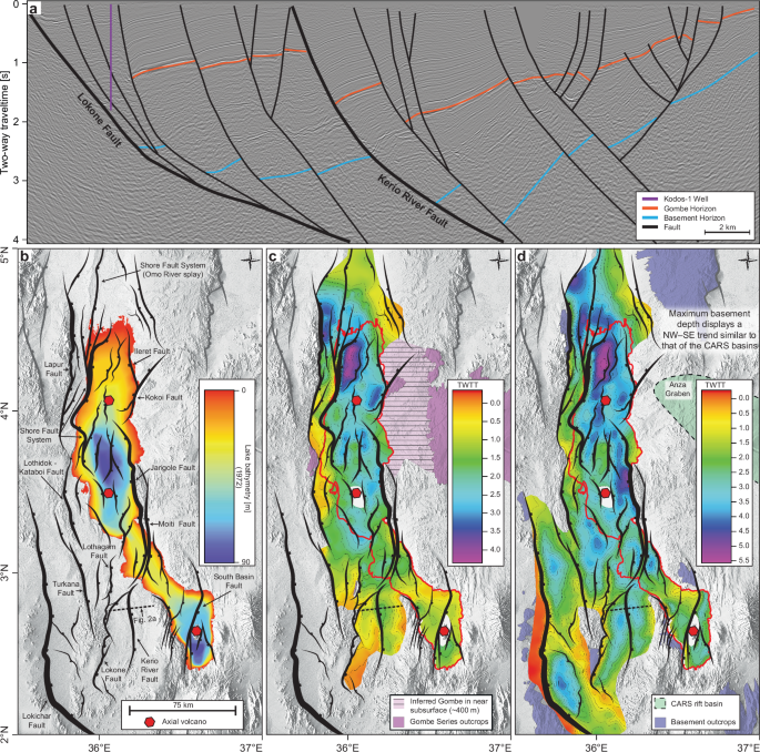 Fig. 2: Seismic reflection profile, bathymetry, and horizon isopach maps of the Turkana Rift Zone.