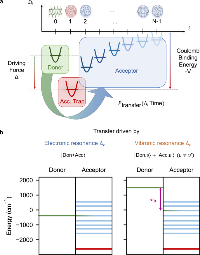 Fig. 2: Microscopic model of the donor-acceptor chain and mechanisms of electronic and vibronic ET.