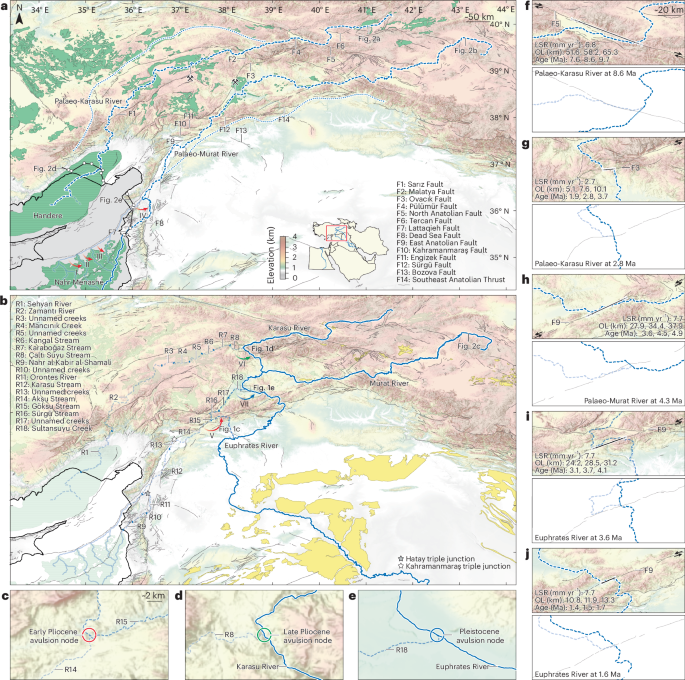 Fig. 1: Paths of the ancestral and modern Euphrates River in Western Asia.