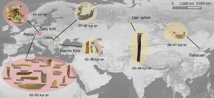 Fig. 1: Geographical distribution of modern human specimens older than 40 kyr that produced genome-wide data.