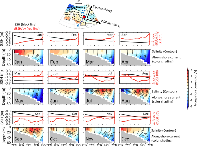 Fig. 3: Seasonal evolution of ocean properties along the cross-shelf section A–A′.