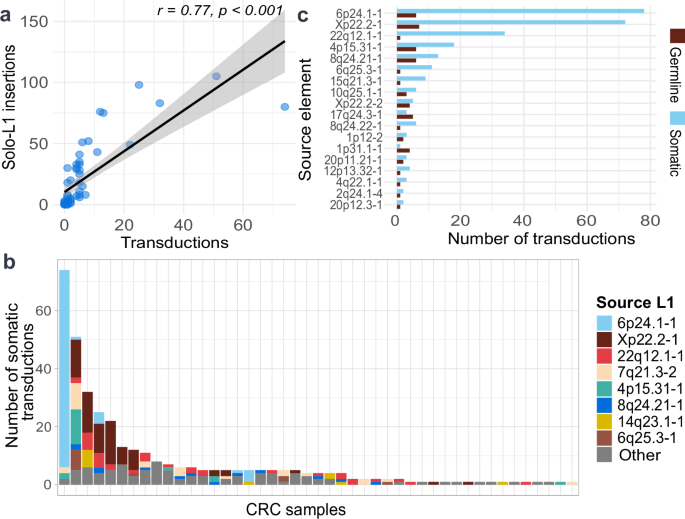 Fig. 1: Landscape of L1 retrotransposition and transduction activity in colorectal cancer.