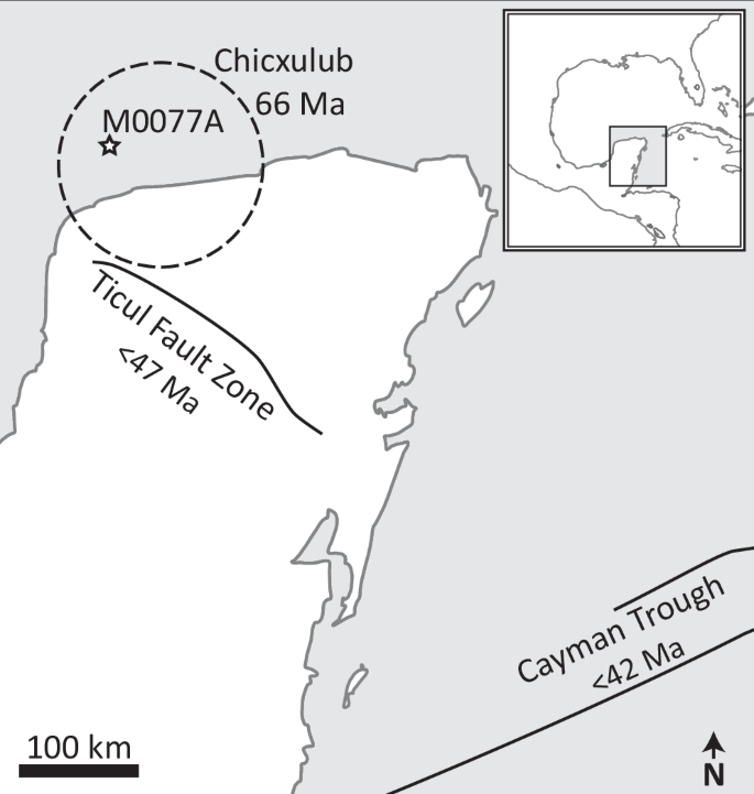 Fig. 4: Map of the area surrounding the Chicxulub impact structure showing the two nearest tectonic events—the Ticul Fault zone63–65 and the Cayman Trough66.
