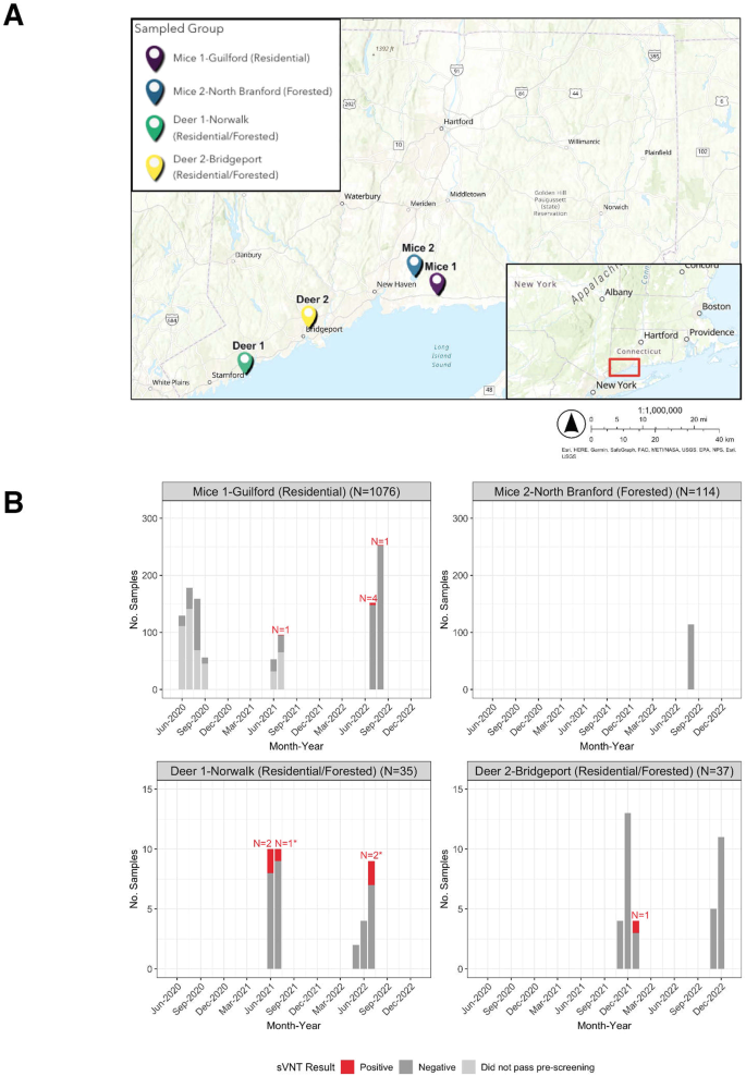 Fig. 1: Location of study samples in Connecticut and detection of wild-type SARS-CoV-2 neutralizing antibodies in white-footed mice and white-tailed deer at various sampling locations.