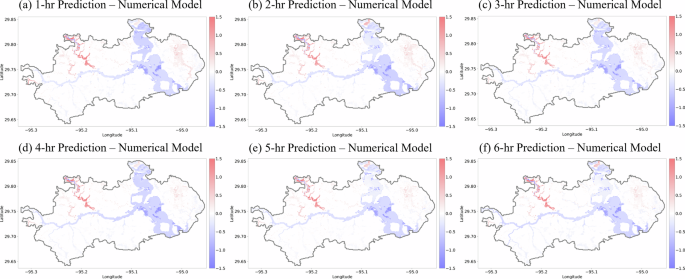 Fig. 4: Differences in peak flood depth (m) between P2M and the numerical model during Hurricane Nicholas (2021).