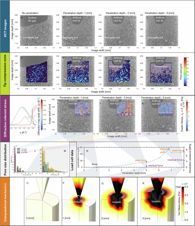 Fig. 2: Results of the coupled X-ray computed tomography (XCT) imaging and X-ray diffraction (XRD) during root analog penetration.