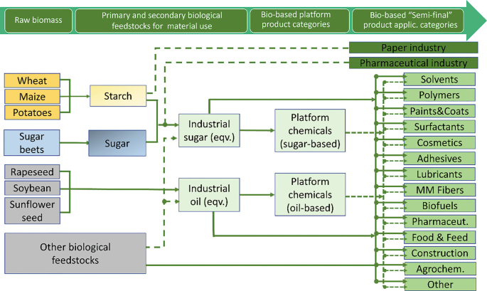 Flow chart illustrating the conversion of raw biomass into bio-based product categories. It starts with primary feedstocks like wheat, maize, potatoes, sugar beets, rapeseed, soybean, sunflower seed, and other biological feedstocks. These are processed into starch, sugar, and industrial oil. The chart shows pathways leading to platform chemicals, both sugar-based and oil-based. These chemicals are further categorized into applications such as solvents, polymers, paints and coatings, surfactants, cosmetics, adhesives, lubricants, fibers, biofuels, pharmaceuticals, food and feed, construction, agrochemicals, and others. The chart highlights connections to the paper and pharmaceutical industries.