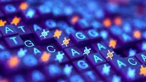 Digital screen with DNA strands and sequencing ATGC data background
