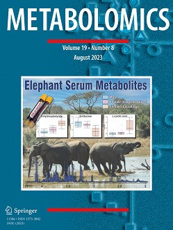 Metabolomics cover showing an image with elephants and an illustration of elephant serum metabolites
