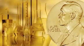 Alfred Nobel on a gold coin with chemistry glassware in gold.