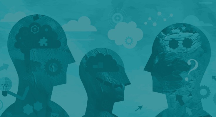 3 People with gears in their head to signify thought stare at each other.