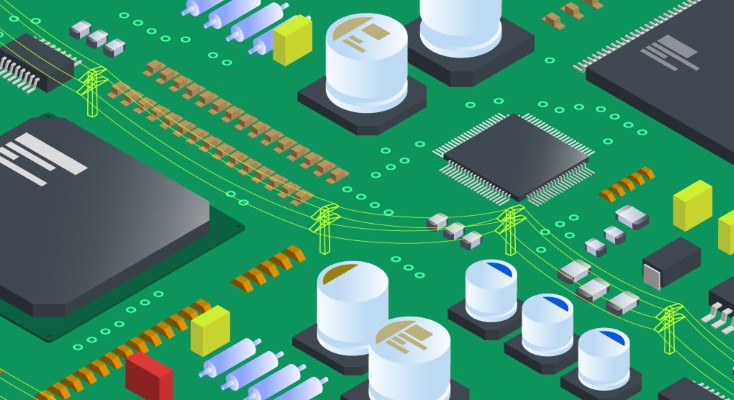 Green cartoon circuit board with colourful electrical components on the surface reminiscent of looking down on a city map.