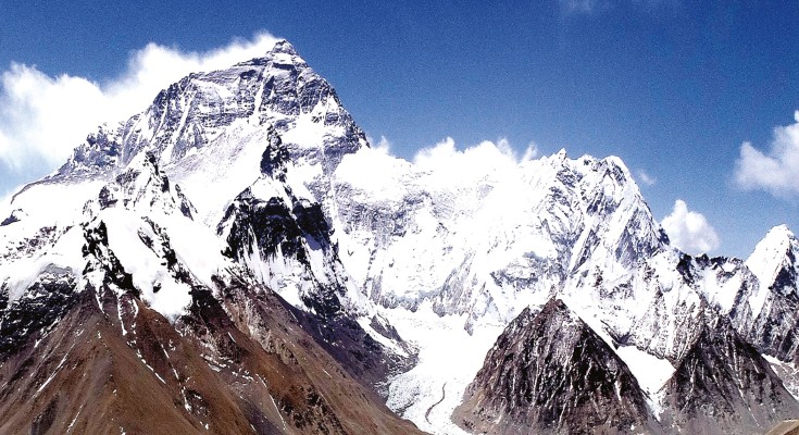 Mt. Everest’s East Rongbuk Glacier, one of the glaciers sampled to create the comprehensive Tibetan Glacier Genome and Gene catalog, an inventory of microbial genetic diversity in this region.