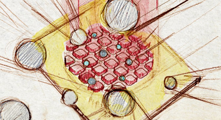 A cartoon of electrons rushing towards a square-patterned surface that has surface plasmons