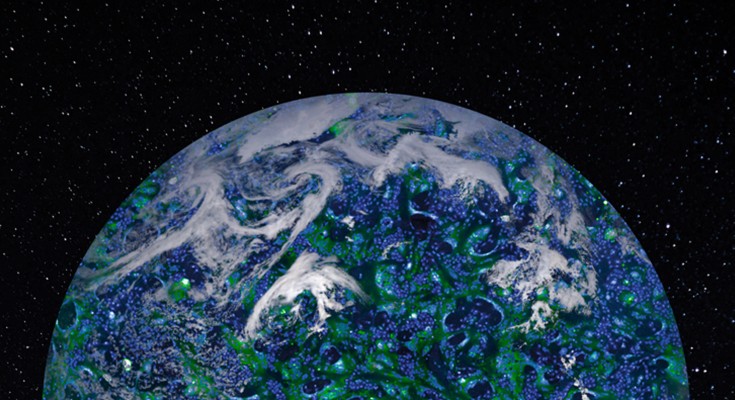 An image of SARS-CoV-2-infected cells fusing with neighboring cells to form syncytia with a view of Earth, reflective of the ongoing global impact of the pandemic.