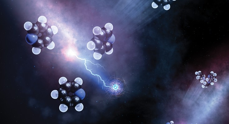 Artistic rendering of intermolecular Coulombic decay occurring between unbound pyridine molecules taken from the cover of the October issue.
