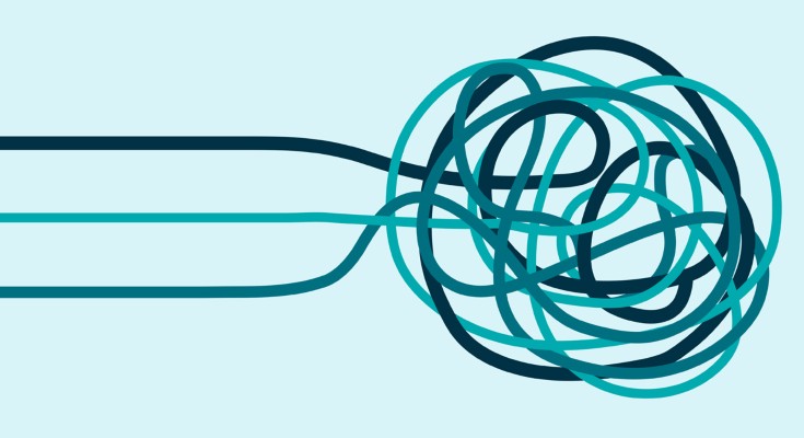 Three parallel lines of string come together to form a ball