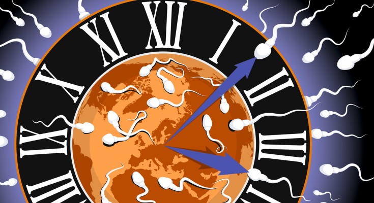 Sperm with a clock face and the globe