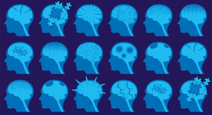 Simplified silhouettes of brains with different types of injury.