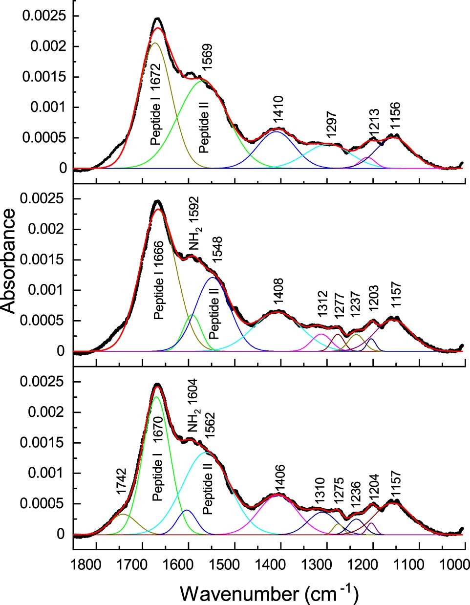 Extended Data Fig. 5: The deconvolution of IR spectra of R300K in the range of the peptide bond vibrations.