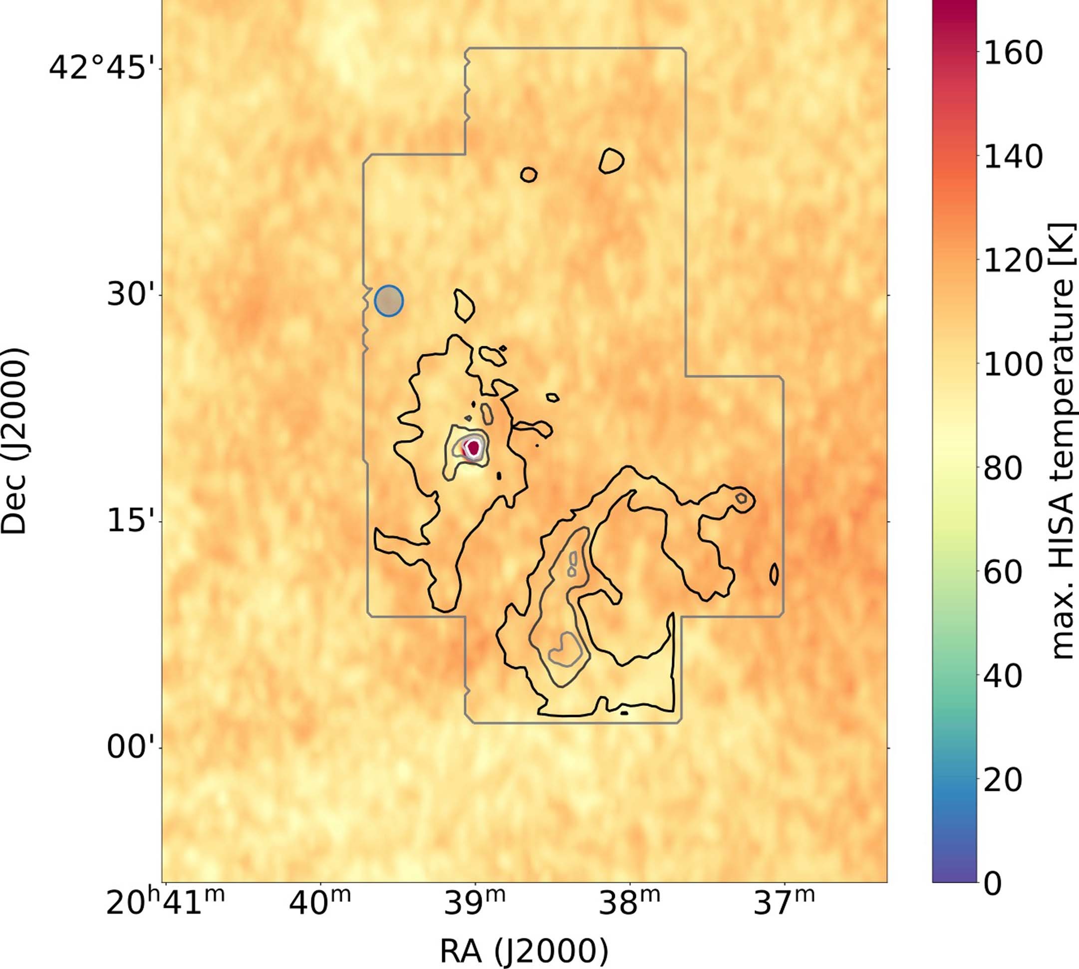 Extended Data Fig. 5: Maximum possible HISA temperature around DR21.