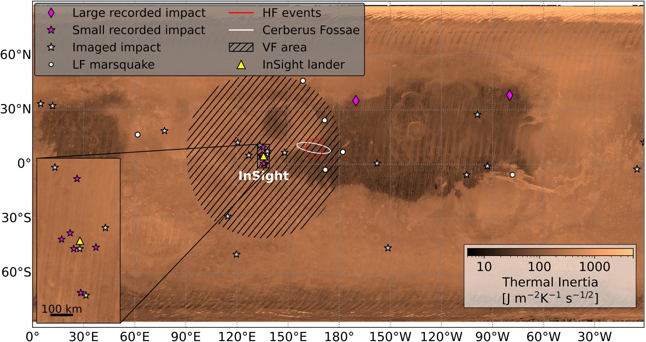 Extended Data Fig. 1: Map of Mars with impact and marsquake locations.