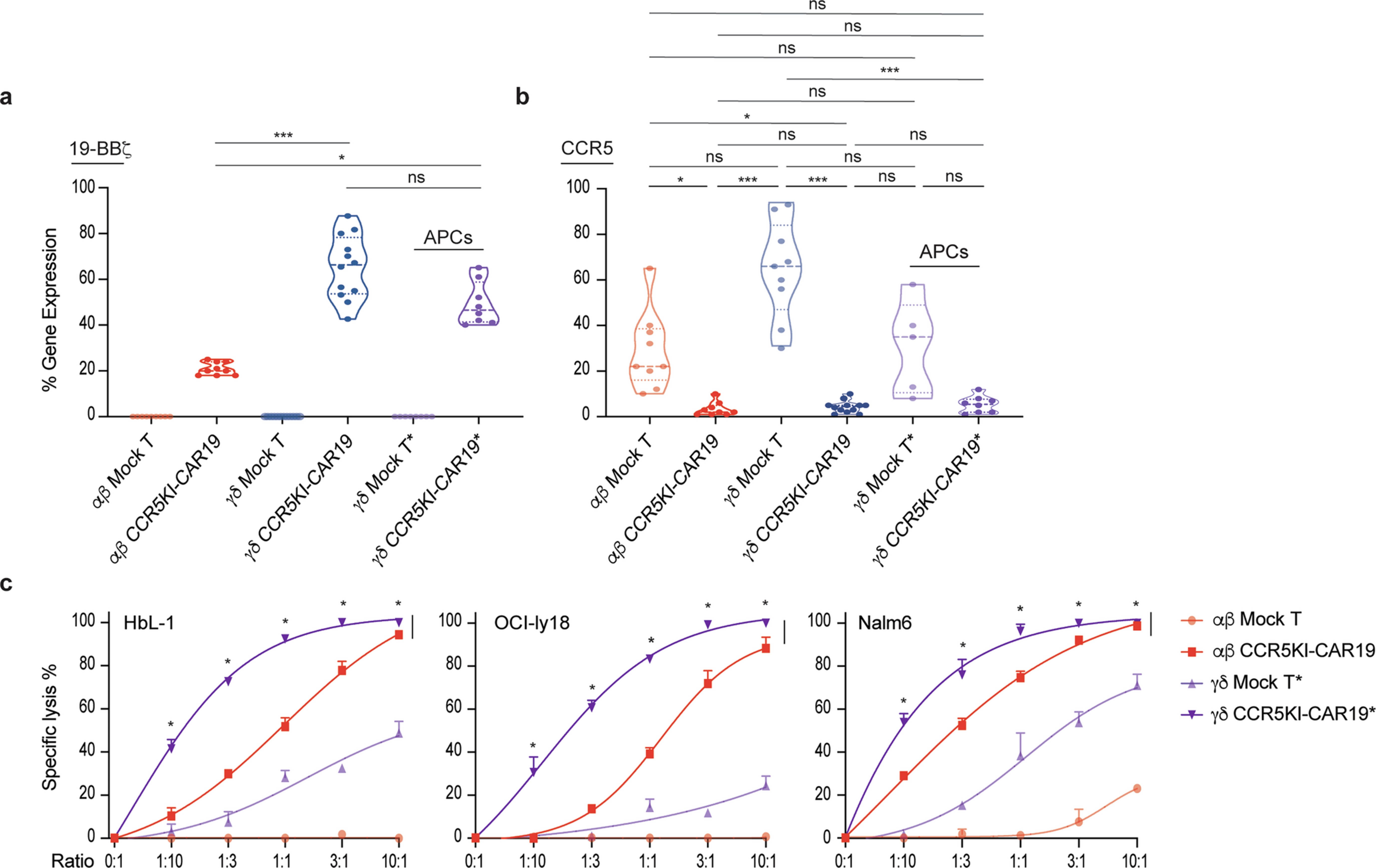 Extended Data Fig. 3: Efficiency of CCR5KI-CAR19 KO/KI expanded with APCs and killing dynamics.
