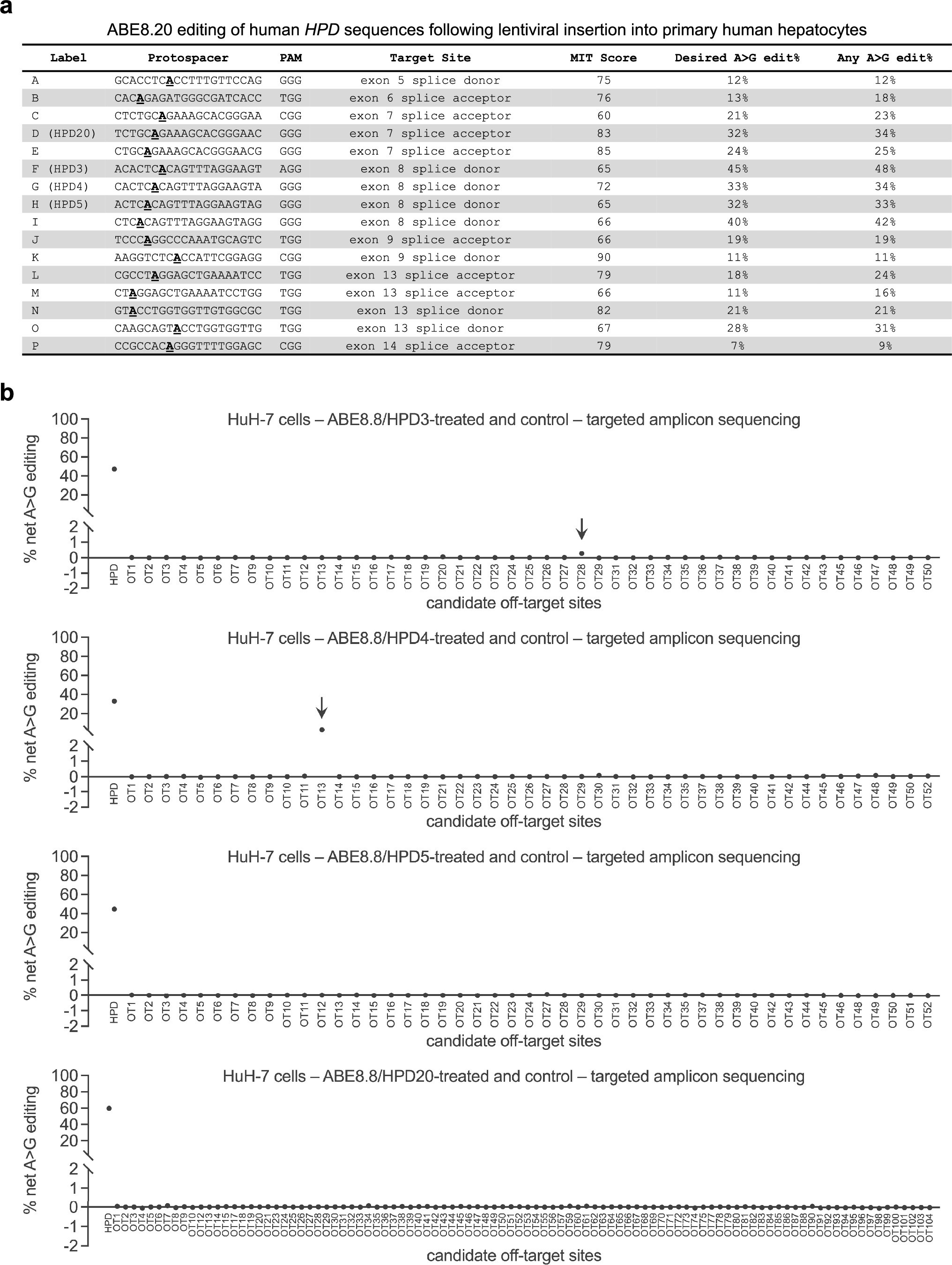 Extended Data Fig. 4: Assessment of on-target and off-target editing by guide RNAs targeting the HPD gene.
