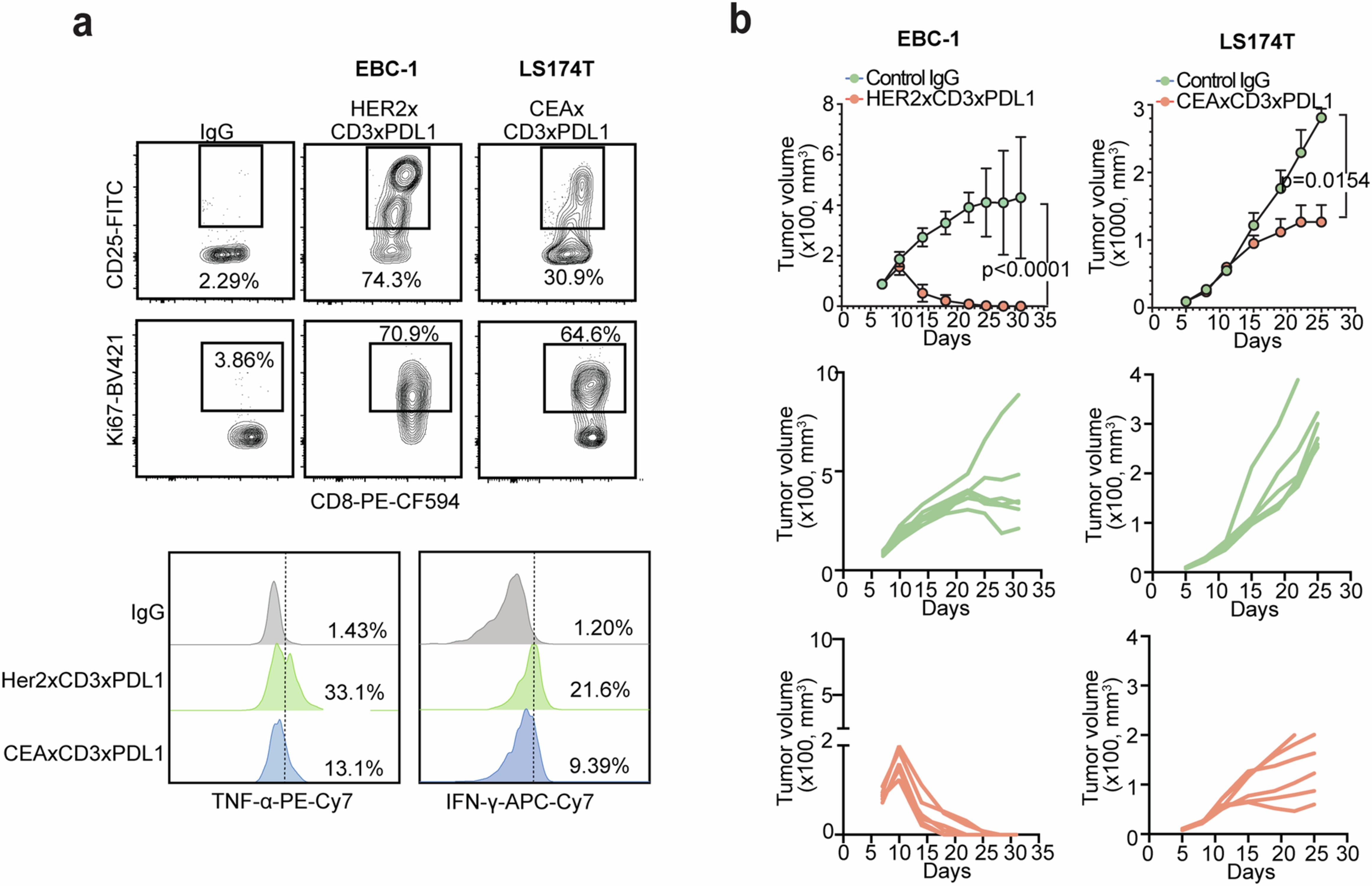 Extended Data Fig. 8: Evaluation of T cell activation and anti-tumor efficacy of HER2xCD3xPDL1 and CEAxCD3xPDL1.
