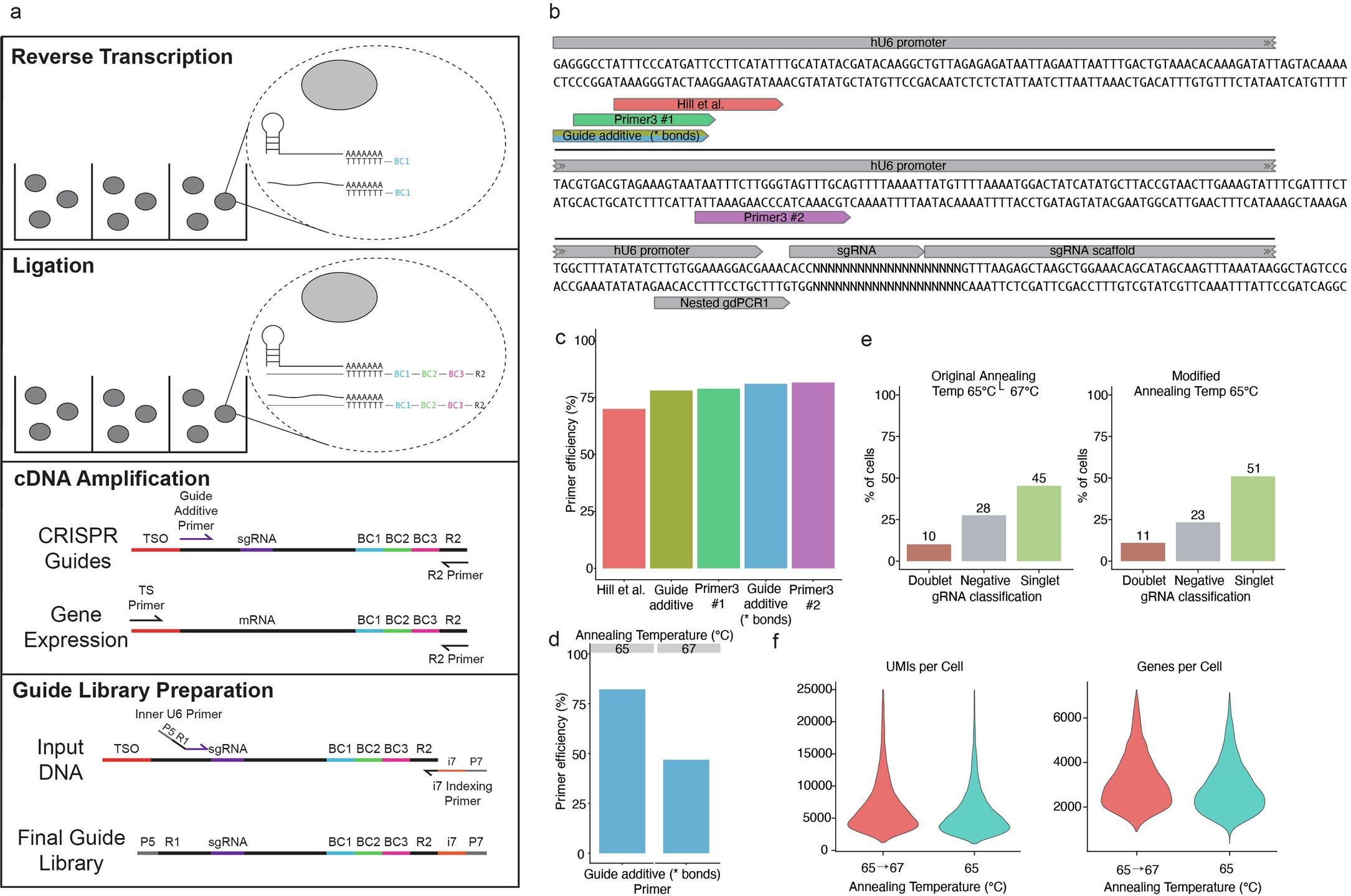 Extended Data Fig. 1: Optimization of a guide capture method compatible with Parse Biosciences Evercode Whole Transcriptome kits.