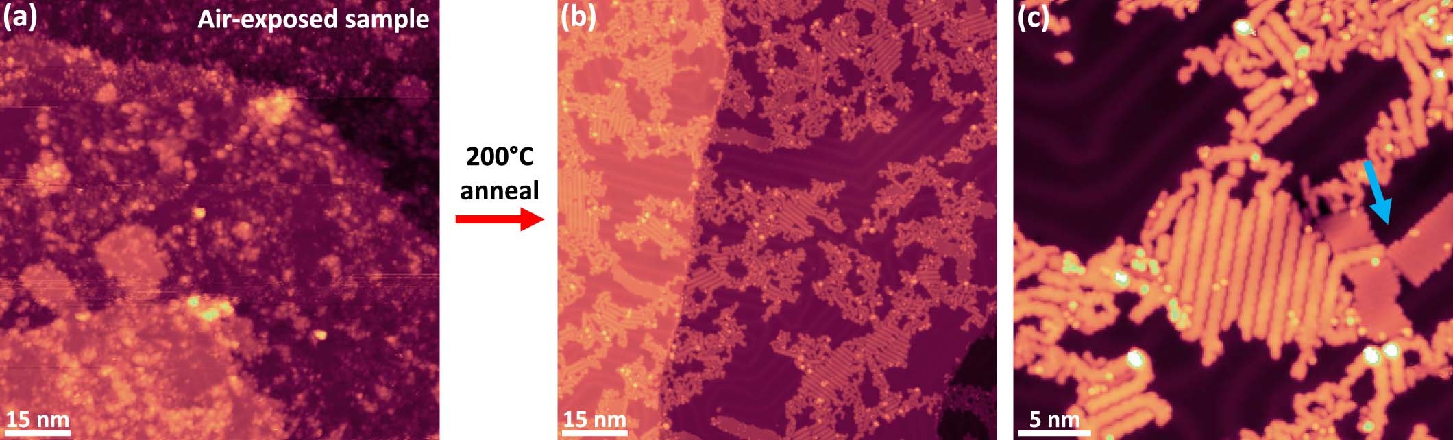 Extended Data Fig. 3: STM analysis of the air exposed k-chGNR sample before and after annealing.