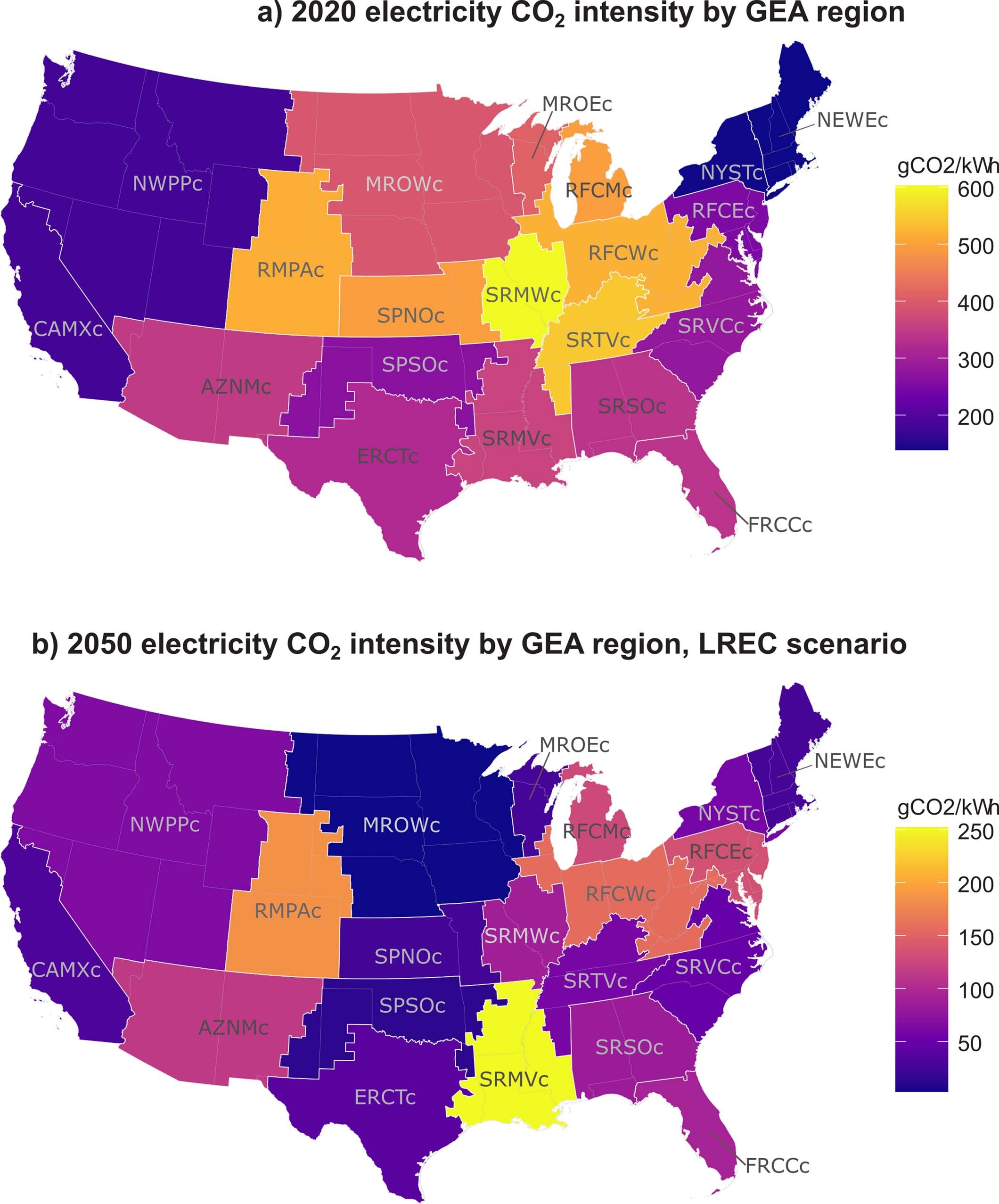 Extended Data Fig. 3: CO2 intensity of electricity generation in 2020 and 2050.
