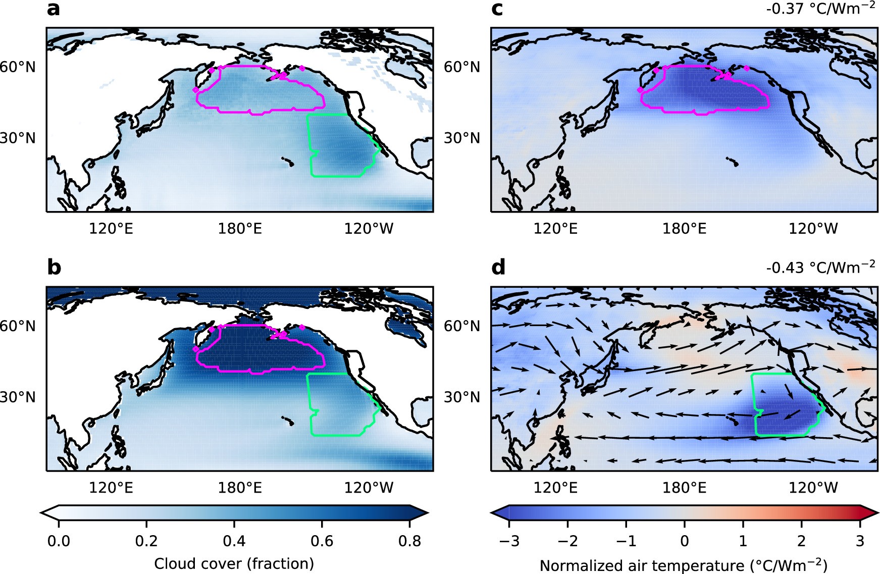 Extended Data Fig. 2: Comparison of observed and model low cloud fraction and the normalized modeled temperature response from two marine cloud brightening schemes.