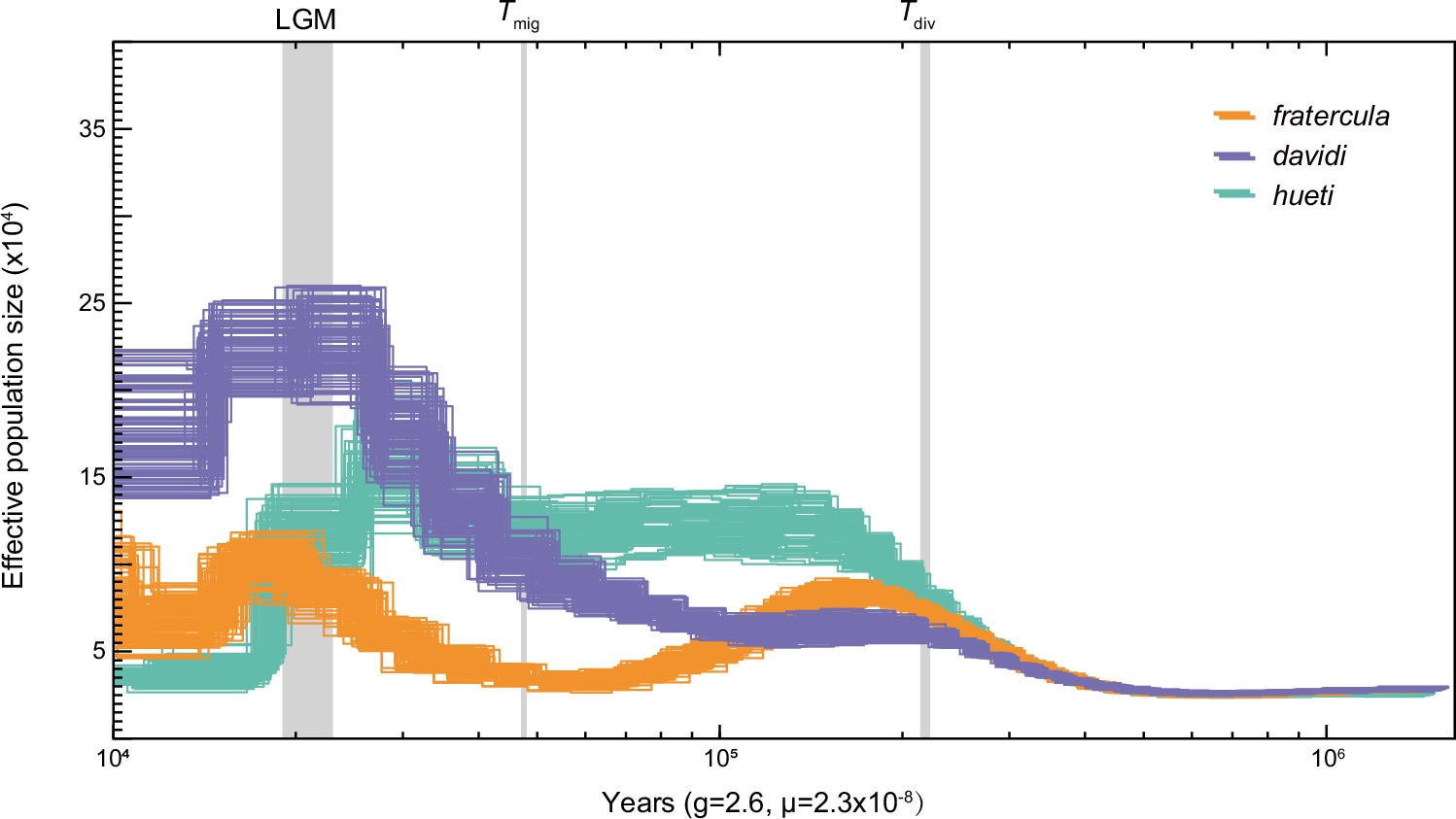 Extended Data Fig. 1: The historical demography of the three species inferred by pairwise sequentially Markovian coalescent (PSMC).