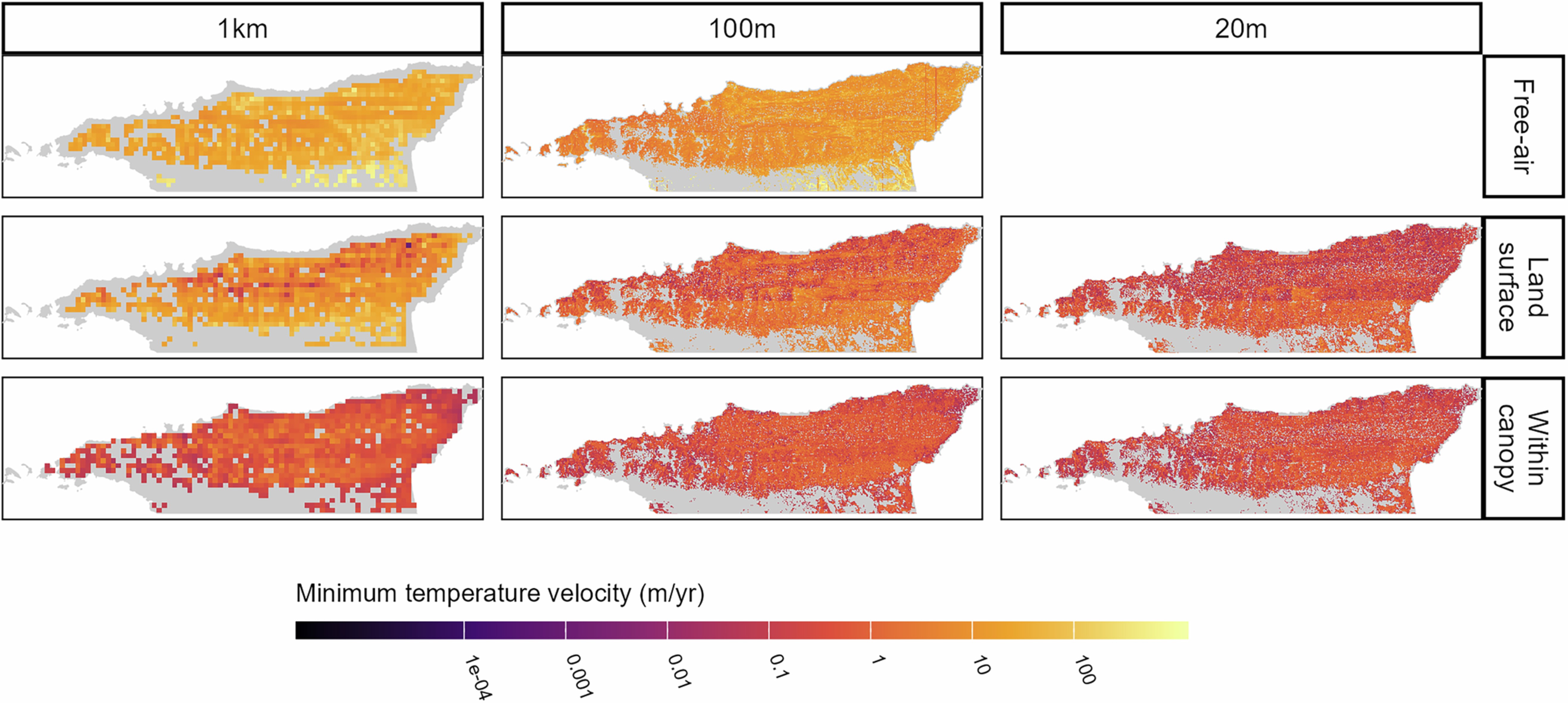 Extended Data Fig. 2: Minimum temperature velocity in the northern mountain range of Trinidad.