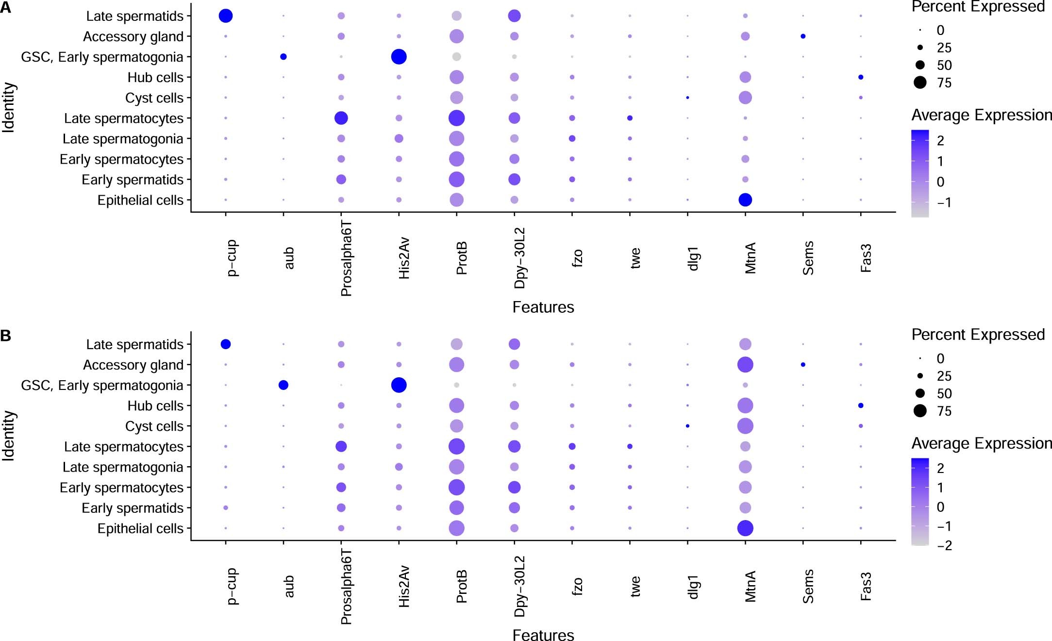 Extended Data Fig. 1: Dot plots of key marker genes in old and young fly testes.
