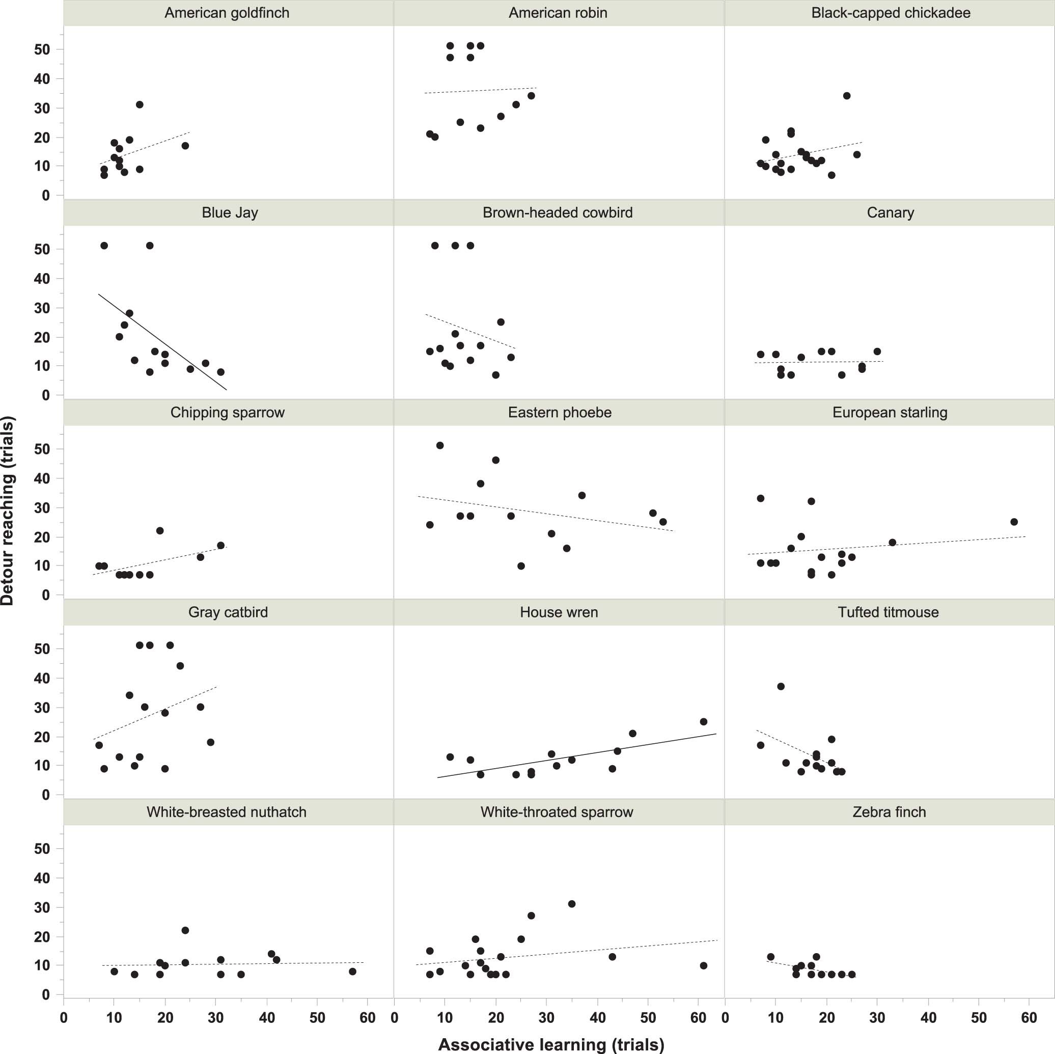 Extended Data Fig. 8: Intraspecific relationships between self-control and associative learning performance for each of the 15 species.