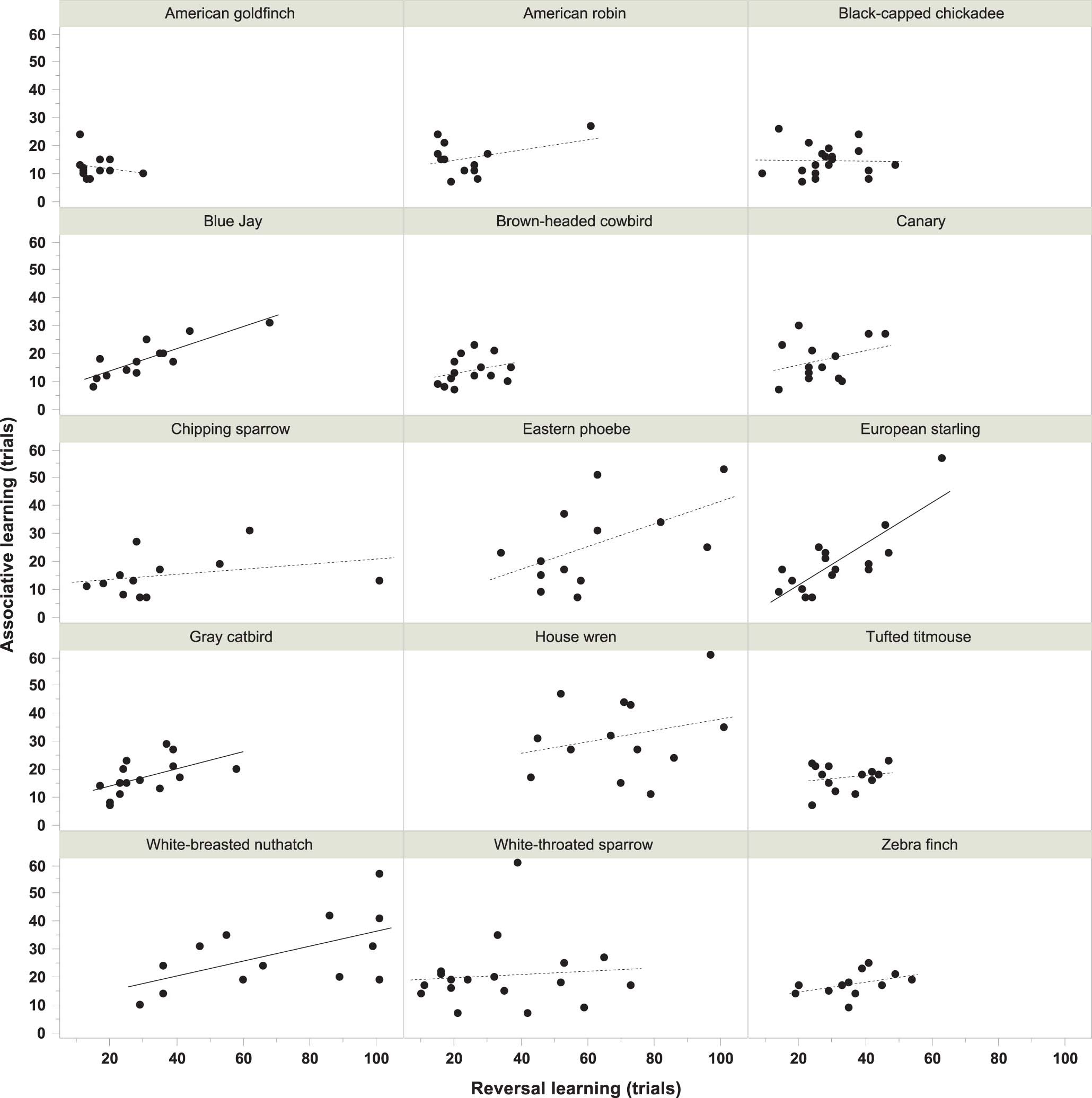 Extended Data Fig. 9: Intraspecific relationships between associative learning and reversal learning performance for each of the 15 species.