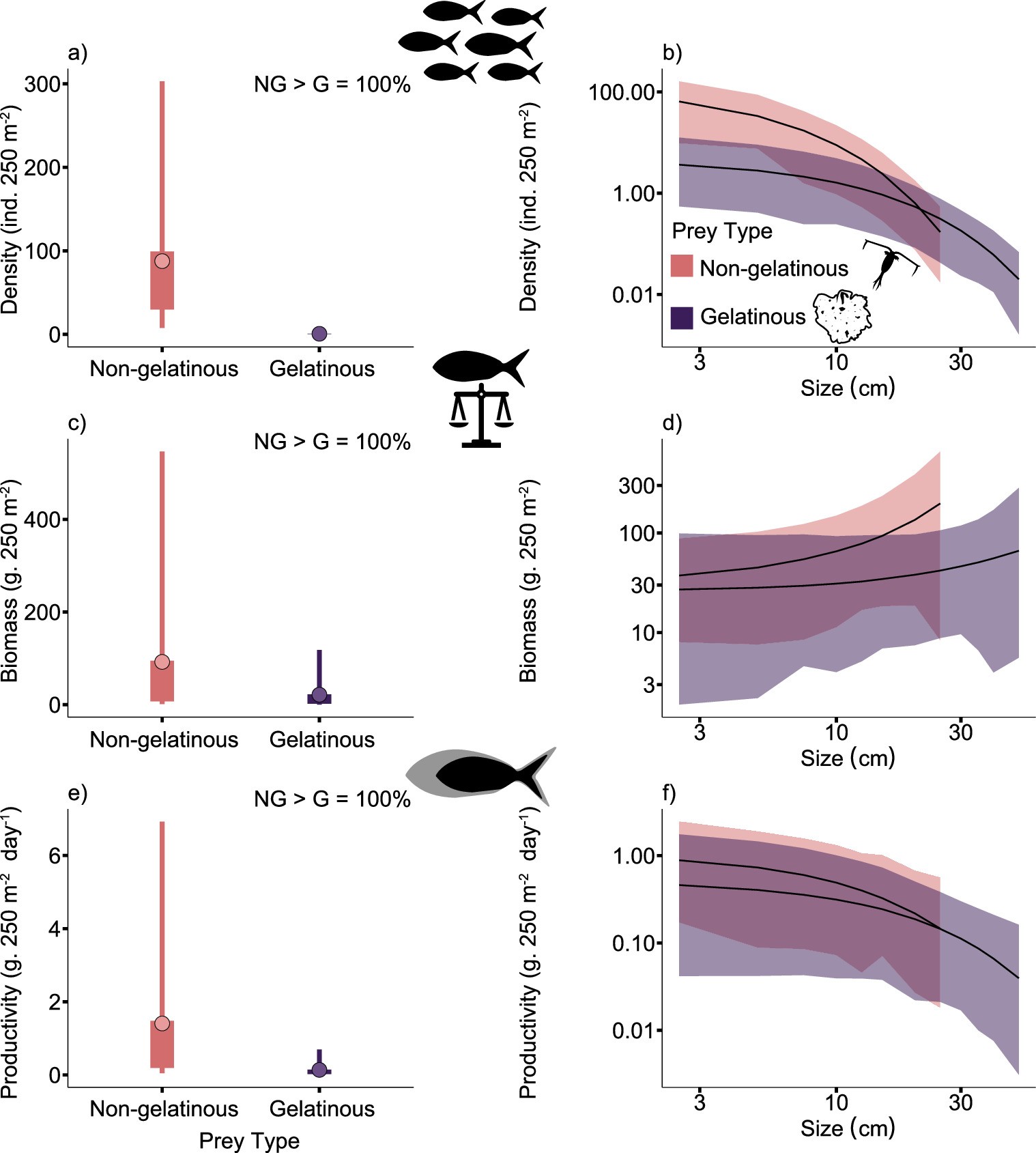 Extended Data Fig. 4: Non-conservative analyses of gelatinous versus non-gelatinous Caribbean planktivorous fishes.